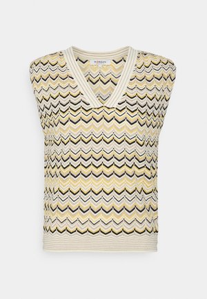Top senza maniche lavorato a maglia con scollatura a V, caratterizzato da un motivo a zigzag in nero, giallo e crema. Tessuto testurizzato con bordi a costine.
