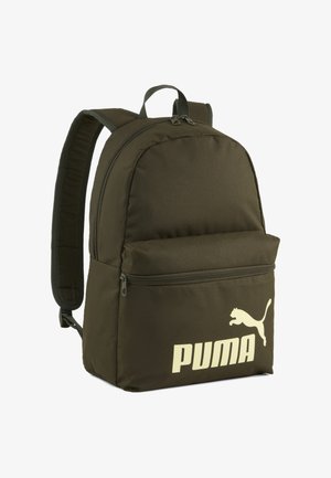 Olive zelena nahrbtnik iz tkanine z gladko teksturo, z sprednjim žepom na zadrgo, oblazinjenimi naramnicami in velikim rumenim logotipom Puma.