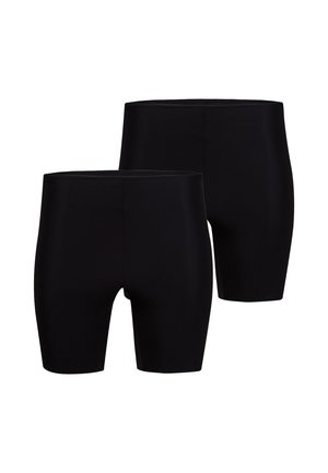 To par enkle sorte cykelshorts til midt på låret med en glat talje, vist mod en hvid baggrund.