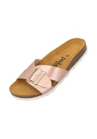 Sandalo a infradito con tomaia in satin rosa, fibbia regolabile e fondo in sughero marrone. Suola testurizzata per aderenza e comfort.