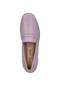 Light pink leather loafer with a rounded toe, decorative stitched accent, and inner padding. Featuring a smooth texture and minimalistic design.