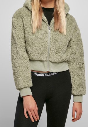 Beskaarenet zip-up hoodie i oliven grønt, lavet af fuzzy stof. Har en hætte, ribbede manchetter og et solidt taljebånd med "URBAN CLASSICS" tekst.