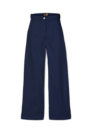 Marineblaue, weit geschnittene Hose aus strapazierfähigem Stoff, mit einer vorderen Knopfverschluss und seitlichen Taschen, in glatter Textur und klassischem Design.