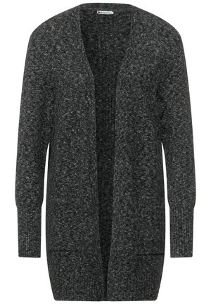 Donkergrijze gebreide cardigan met een open voorkant, lange mouwen en twee voorzakken, gemaakt van zacht gestructureerd materiaal.