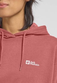 Hoodie in stofroze, gemaakt van zacht materiaal, met een kangoeroezak en een wit Jack Wolfskin-logo op de borst.