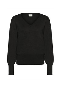 Czarny sweter w serek z długimi rękawami, wykonany z miękkiego, teksturowanego materiału. Posiada ściągacze na dole oraz przy mankietach dla lepszego dopasowania.