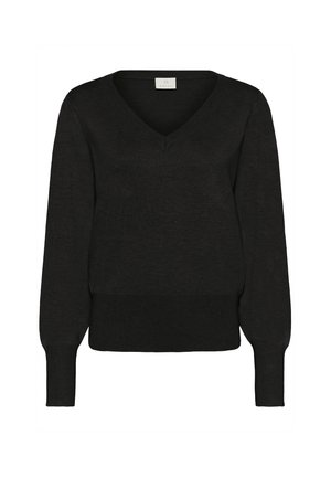 Black V-neck sweater with long sleeves, made of a soft, textured material. Features a ribbed hem and cuff detailing for a snug fit.