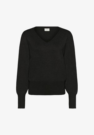 Svart V-ringad tröja med långa ärmar, tillverkad av ett mjukt, texturerat material. Har ett ribbat fåll och manschetter för en åtsittande passform.