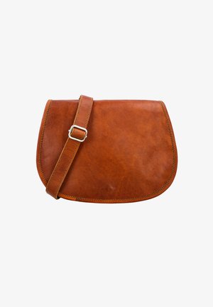 Brown leather crossbody bag with a rounded shape, smooth texture, and an adjustable strap featuring a silver buckle. Stitch detailing along edges.