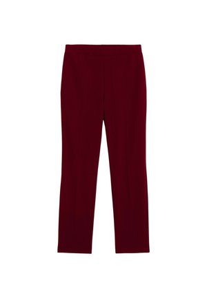 Burgunderfarbene, maßgeschneiderte Hose mit flachem Bund, geraden Beinen und ohne sichtbare Taschen. Glatte Textur und ein klarer, moderner Schnitt.