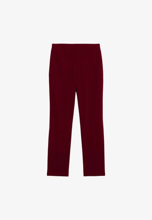 Burgunderfarbene, maßgeschneiderte Hose mit flachem Bund, geraden Beinen und ohne sichtbare Taschen. Glatte Textur und ein klarer, moderner Schnitt.