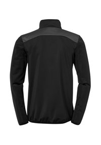 Zwart jack met lange mouwen, hoge kraag en een gladde textuur. Heeft een contrasterend grijs paneel over de bovenrug.