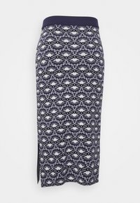 Gonna a matita in maglia con un motivo floreale blu navy e bianco, caratterizzata da una vita aderente e una fessura laterale per facilitare il movimento.