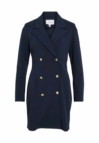 Navy blå skräddarsydd blazerklänning med dubbelknäppt design, med guldknappar och slagkrage. Slät yta, långa ärmar.