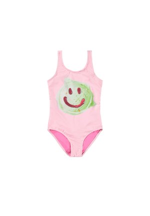 Maillot de bain rose avec un grand design de smiley vert et des détails rouges. Fabriqué en tissu lisse et extensible, idéal pour les activités aquatiques.
