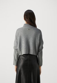 Korte grijze sweater met een gestructureerd patroon en metalen accenten, voorzien van een omgeslagen kraag en geribbelde mouwen. Achteraanzicht weergegeven.