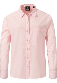 Light pink long-sleeve button-up shirt made of fabric with a slight sheen. Features a chest pocket and a small logo on the upper left chest.