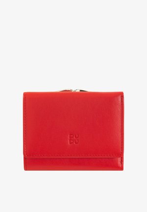Portefeuille compact en cuir rouge avec logo "DUDU" en relief et fermeture à clip métallique argenté sur le dessus.