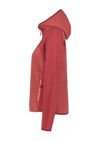 Veste à capuche rouge avec une surface texturée, dotée d'une poche zippée sur le côté et d'un design ajusté. La capuche est accentuée par une doublure intérieure contrastante.