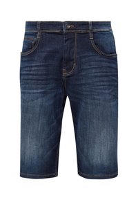 Tummansiniset farkkushortsit suoralinjaisella leikkauksella. Ominaisuuksiin kuuluu viisi taskua, keltainen tikkaus ja nappikiinnitys vyötäröllä.