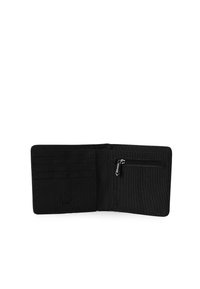 Black fabric wallet with multiple card slots, a zippered compartment, and a textured interior. Compact design, suitable for storage of essentials.