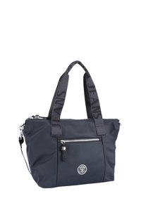 Črna najlon torba z dvojno ročico, z zadrgo, logotipom in kontrastnim trak – 'JEANS'. Gladka tekstura in strukturirana oblika.