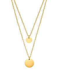 Collana a doppio strato in oro, con due pendenti circolari, uno più grande e uno più piccolo, sospesi a catene delicate.