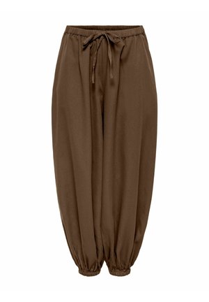 Pantaloni marroni a taglio largo con vita elastica e polsini alle caviglie, dotati di coulisse frontale regolabile per una vestibilità personalizzabile.