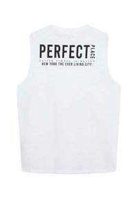 Maglietta bianca senza maniche con stampa nera audace sul retro: "PERFECT PLACE" con "NEW YORK THE EVER LIVING CITY" sottostante. Texture liscia.