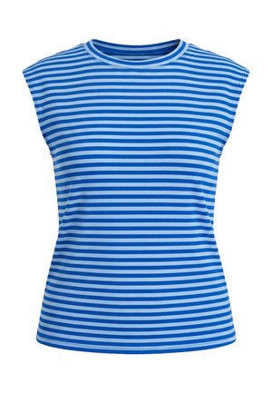 Haut sans manches à rayures horizontales bleu et blanc avec une texture côtelée, présenté sur fond blanc.