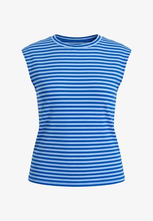 Blau-weiß gestreiftes ärmelloses Rundhals-Top mit gerippter Textur, auf weißem Hintergrund dargestellt.