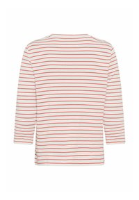 Gestreiftes Oberteil mit roten Streifen auf weißem Hintergrund, drei Viertel-Ärmeln und rundem Ausschnitt, aus weichem Baumwollstoff gefertigt.