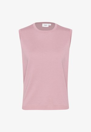 Mouwloze top in lichtroze, gemaakt van een geribde breimateriaal. Heeft een ronde halslijn en een ontspannen pasvorm. Geen opmerkelijke patronen of accenten.