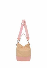 Borsa hobo in tonalità beige e rosa con una finitura testurizzata. Presenta un motivo a pois, una tracolla rosa e dettagli in metallo argentato.