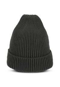 Tumma vihreä neulottu myssy, jossa on ribbitekstuuri ja taitettu reunus. Ominaisuuksina korkea, pyöreä muoto. Valmistettu pehmeästä, joustavasta materiaalista.