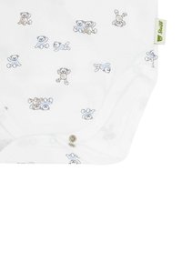 Body in cotone bianco con piccole illustrazioni di orsetti in marrone chiaro e blu. Presenta chiusure a pressione sul fondo e un'etichetta verde del marchio.