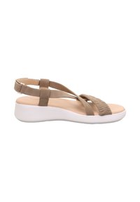 Brązowy zamszowy sandał z krzyżującymi się paskami, z teksturowanym środkiem i białą platformą. Regulowany pasek z tyłu zapewnia pewne dopasowanie.