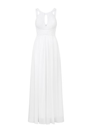Abito maxi bianco con design senza maniche, apertura a forma di chiave sul colletto e vita arricciata. Tessuto liscio con una silhouette fluida a forma di A.