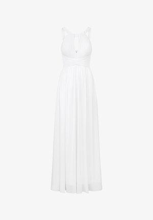 Weißes Maxikleid mit ärmellosem Design, Ausschnitt mit Schlitz am Hals und geraffter Taille. Glattes Material mit fließender A-Linie-Silhouette.