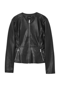Veste en cuir noir avec un col rond, fermeture éclair devant et deux poches latérales zippées en biais ; texture lisse et coupe ajustée.