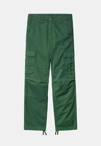 Groene cargobroek van stevig materiaal, met verschillende grote zakken, een verstelbaar trekkoord bij de enkels en een recht model.