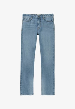 Hellblaue Jeans mit geradem Bein aus Denim, mit traditionellem Fünf-Taschen-Design und dezenten Verblassungen im gesamten Stoff.