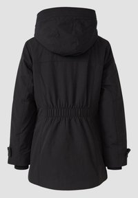 Zwarte hoodiejas met elastische taille en verstelbare knopenmanchetten, weergegeven vanaf de achterkant op een effen lichte achtergrond.