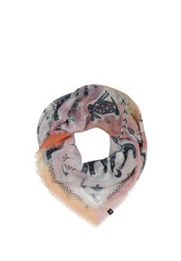 Lightweight triangular scarf in pastel colors with fringe edges. Features patterns of animals and geometric designs in black and white.