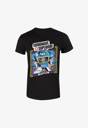 Černé bavlněné tričko s grafikou modrého robota a textem "SOUNDWAVE SUPERIOR!" a "DECEPTICON" v výrazných barvách.