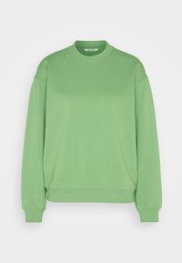 Sudadera verde hecha de una tela suave. Presenta un cuello redondo, hombros caídos y puños acanalados. Textura simple y suave con un corte relajado.