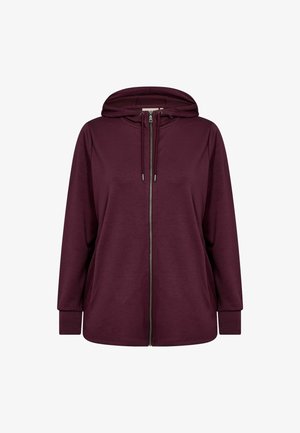 Burgundy zip-up hoodie with a drawstring hood, long sleeves, and side pockets. Made from soft fabric with a smooth texture.
