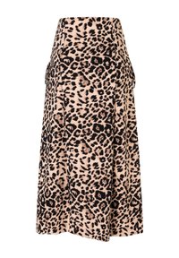 Leopardenmuster-Midi-Rock mit seitlichen Bändern und A-Linien-Silhouette auf weißem Hintergrund.