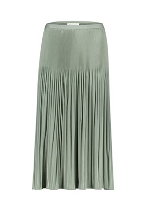 Hellgrüner, plissierter Midirock mit einem enger anliegenden Bund, der oben schmale und zum Saum hin weitere Falten aufweist.