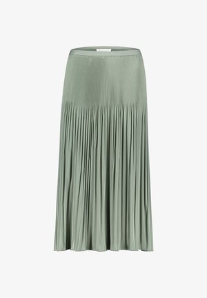 Hellgrüner, plissierter Midirock mit einem enger anliegenden Bund, der oben schmale und zum Saum hin weitere Falten aufweist.